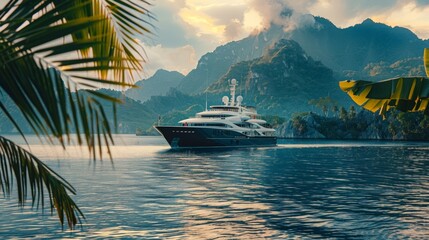 Tropical Paradise View with Luxury Yacht and Mountainous Background