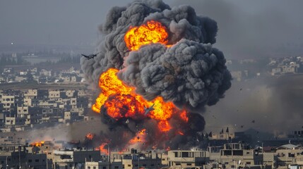 dynamic shoot fighter jet firing refugee camps amidst explosion and chaos. 