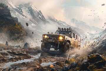 A dynamic and rugged off-road scene, featuring a powerful 4x4 vehicle tackling challenging terrain The landscape is wild and untamed, capturing the essence of adventure and the thrill of explor