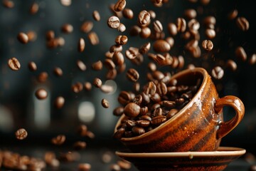 Dynamic shot of coffee beans bouncing and spilling from a cup, frozen in mid-motion, copy space. - Powered by Adobe
