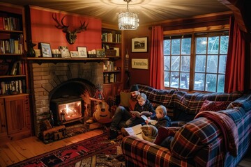 A cozy living room filled with furniture and a fireplace, where a father reads to his children, A cozy living room with a father reading to his children