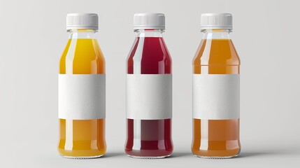A mockup of juice bottles featuring three bottles with blank labels.