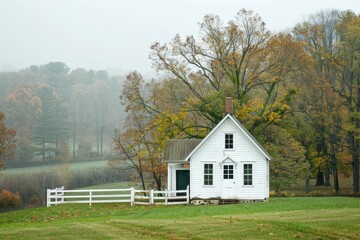 Obraz premium White house with a white fence in a rural setting, A cozy, one-room schoolhouse nestled in a rural setting