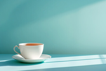 White tea cup on aqua surface with soft morning light and copy space.