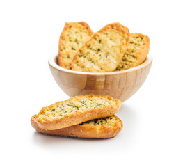 Garlic crisp bread Slices Topped With Herbs isolated on white background.