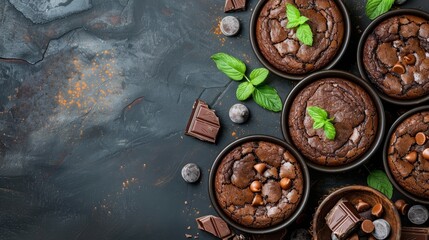   A collection of chocolate muffins sits atop a table, accompanied by mint leaves and chocolate...