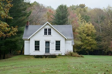 Fototapeta na wymiar A white house stands in the center of a dense forest setting, A cozy, one-room schoolhouse nestled in a rural setting