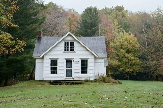 A white house stands in the center of a dense forest setting, A cozy, one-room schoolhouse nestled in a rural setting