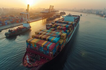 A large cargo ship is sailing in the ocean with a sunset in the background