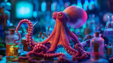 Obraz premium a vibrant octopus amidst colorful laboratory glassware under neon lights