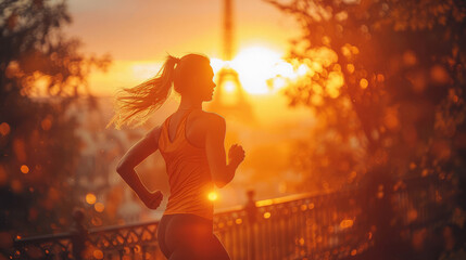 Woman running at sunset with Eiffel Tower in background.
