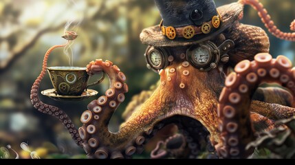 an octopus wearing a steampunk hat and goggles, holding a teacup in a whimsical setting