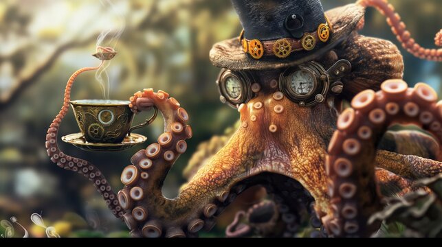 an octopus wearing a steampunk hat and goggles, holding a teacup in a whimsical setting