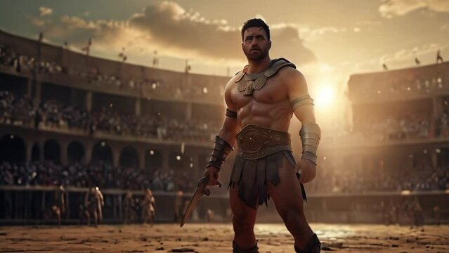 Muscular Gladiator with Sword in Colosseum Arena