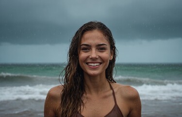 woman smiling on the beach in the rain on a Cloudy Florida day