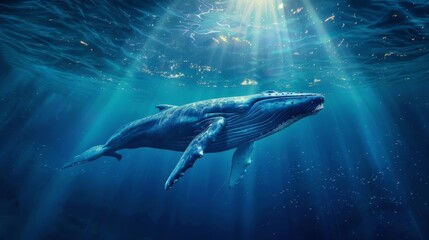 Blue whale swimming gracefully under the ocean surface illuminated by sunlight