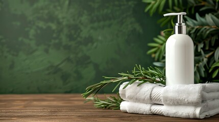 A mockup presents a white cosmetic shampoo dispenser bottle alongside towels and rosemary on a wooden table.