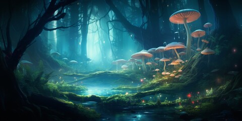 Magical Woodland Landscape With Glowing Mushrooms At Twilight. Generative AI