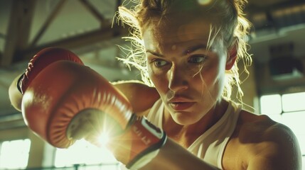 White woman practicing boxing sport, person is focused and enjoying the sport, sports photography, generative ai