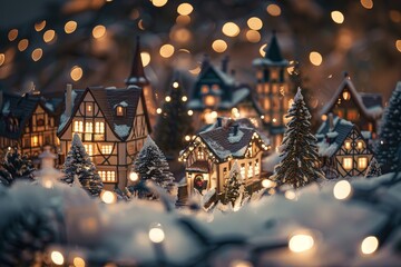 Festive Christmas Village Aglow With Lights, A cozy winter scene with twinkling Christmas lights adorning a quaint village