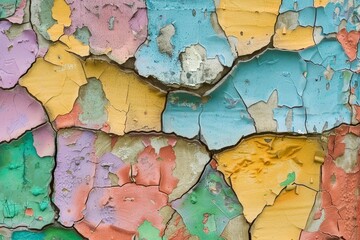 Close-up of peeling and cracked paint layers on a wall, A cracked and peeling paint wall with layers of different colors showing through