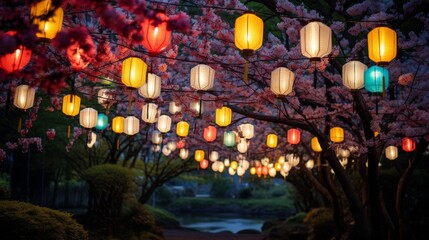 Enchanting Sakura Blossoms Illuminated by Traditional Lanterns at Dusk. Generative AI