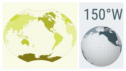 World Map Animation. Ginzburg VI projection. Colored continents style. Animated world map in Ginzburg 6 projection. Loopable animation showing longitude shift and matching globe.