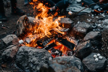 A person in a group is roasting marshmallows over a crackling campfire with friends, A crackling bonfire surrounded by friends roasting marshmallows and telling stories