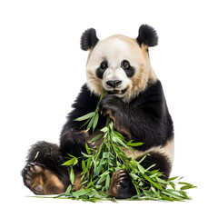 Fototapeta premium A fluffy giant panda sitting and munching on bamboo isolated on white background