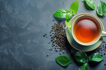 Cup of tea with loose leaves and fresh green leaves on dark background, flat lay