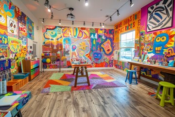 A room filled with colorful art supplies, wooden floors, and tables, A creative studio with colorful art supplies, inspirational quotes on the walls, and a vibrant mural as a focal point