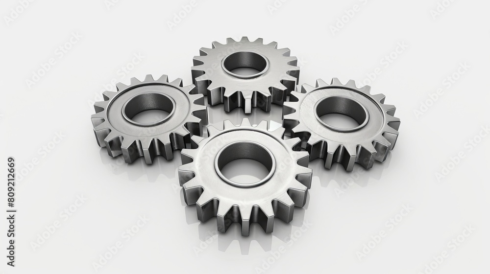 Poster a top view of three metal gears isolated on a white background, representing teamwork and cooperatio