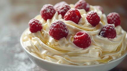  Cake in bowl on table with whipped cream and raspberries