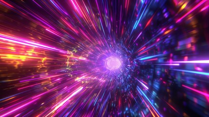 Fototapeta premium An abstract, vibrant tunnel featuring a multicolor spectrum with neon light rays and colorful lines speeding through a dark background