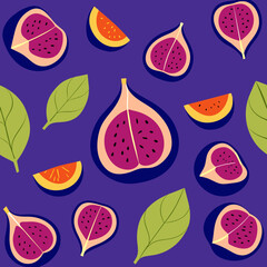 Figs and leaves arranged in scattered pattern sliced figs, deep purple background, vector