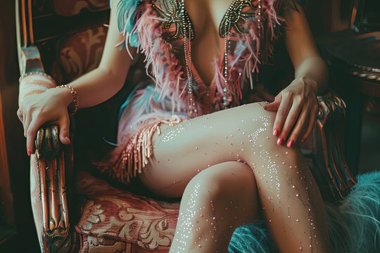 On retro chair is a cabaret dancer clothing
