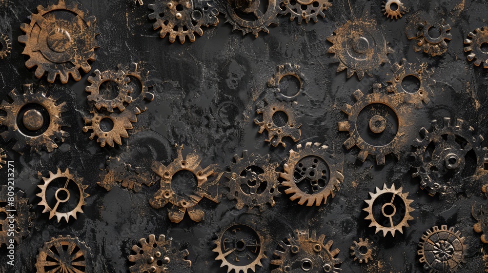 Poster a seamless repeat pattern of cogs, representing the interconnectedness and repetition of mechanical 
