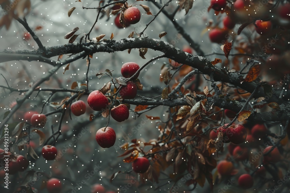 Poster tree with an abundance of red apples hanging from its branches, a crisp breeze ruffling the branches