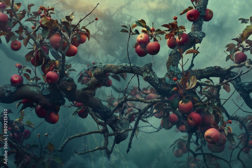 Aufkleber a tree abundant with bright red apples hanging from its branches, a crisp breeze ruffling the branch