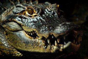 Fototapeta premium Close-up of an alligators head with its mouth wide open, revealing its sharp teeth, A crocodile with a sinister grin, lurking in the shadows