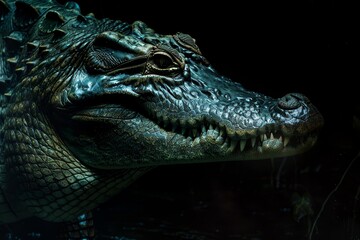 Fototapeta premium A menacing alligator with a wide open mouth, sharp teeth, and distinctive ridges on its head, lurking in the shadows, A crocodile with a sinister grin, lurking in the shadows