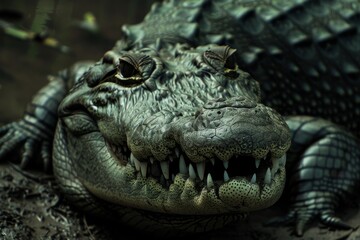 Obraz premium A close up of an alligators sharp, menacing teeth showcasing its formidable bite strength, A crocodile with a sinister grin, lurking in the shadows