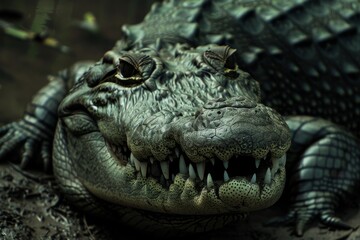 A close up of an alligators sharp, menacing teeth showcasing its formidable bite strength, A crocodile with a sinister grin, lurking in the shadows