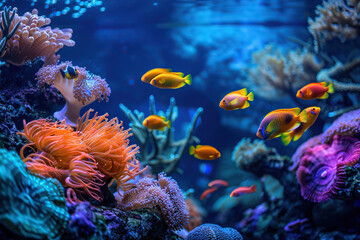 Aquarium with corals, reefs and different fishes swimming in blue water
