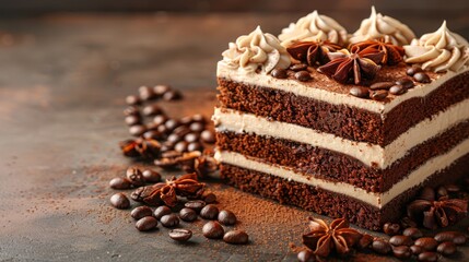   A chocolate cake sits atop the table, surrounded by coffee beans and a container of cinnamon