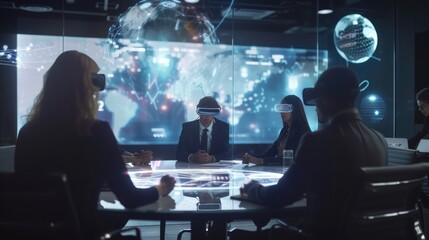 Skilled business people wearing VR glasses while planning strategy. Skilled project manager analyzing marketing data while talking and checking at financial plan.Technology innovation concept. AIG42.