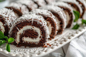 A closeup view of slices of chocolate and coconut roll cake covered with sugar and displayed on a white platter