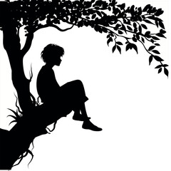 boy silhouette sitting on the tree, black and white, 