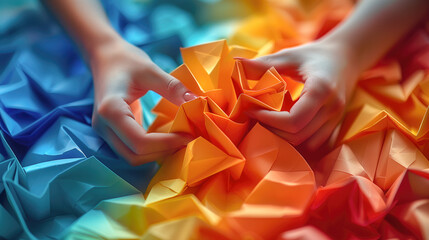 Person folding colorful paper