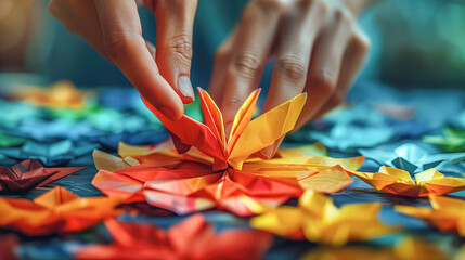 Hands folding colorful paper. Origami concept